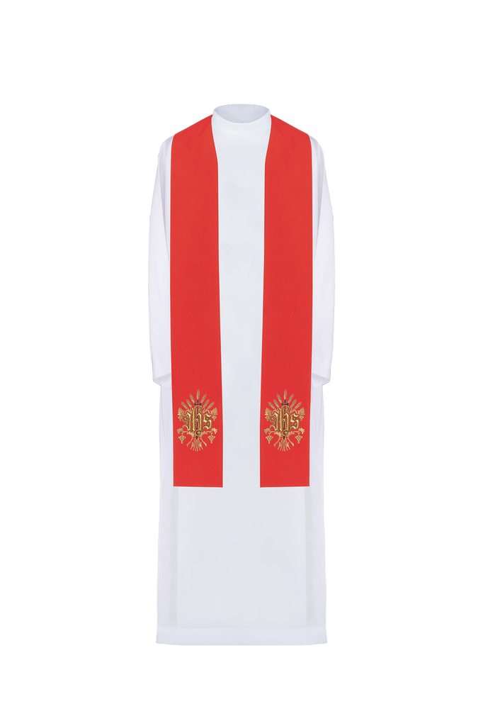 Red priestly stole embroidered with IHS