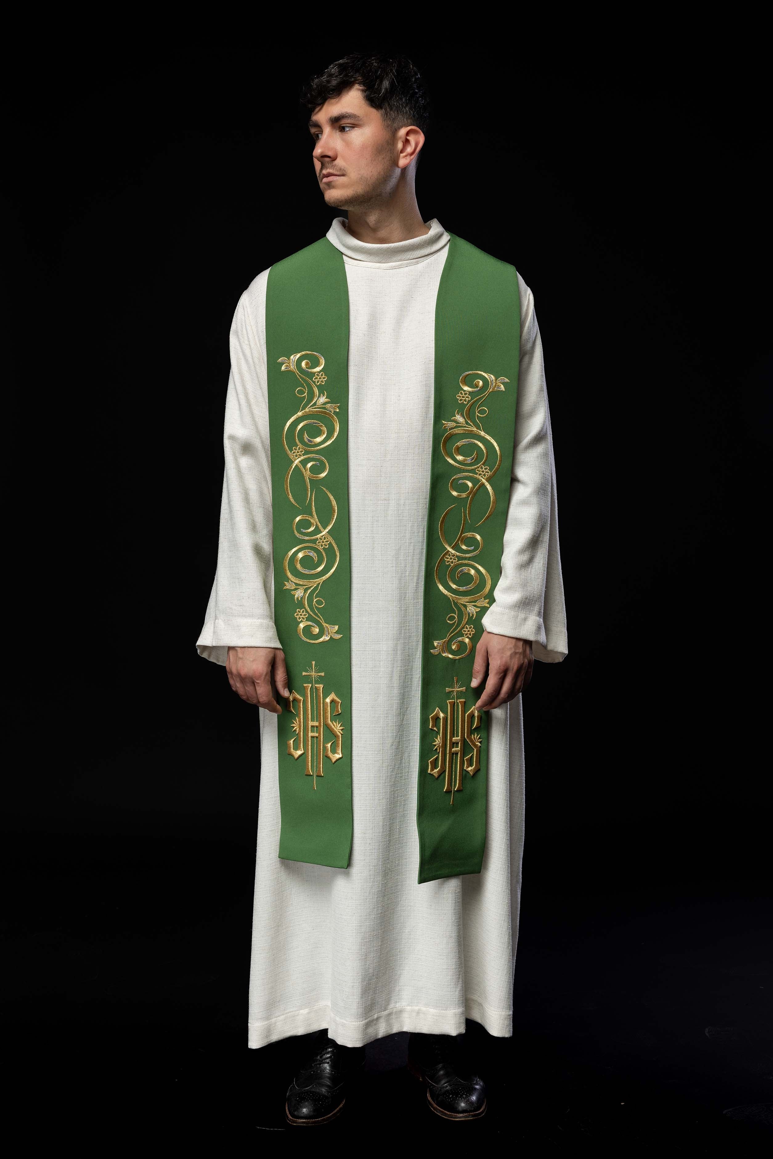 Green priestly stole embroidered with IHS