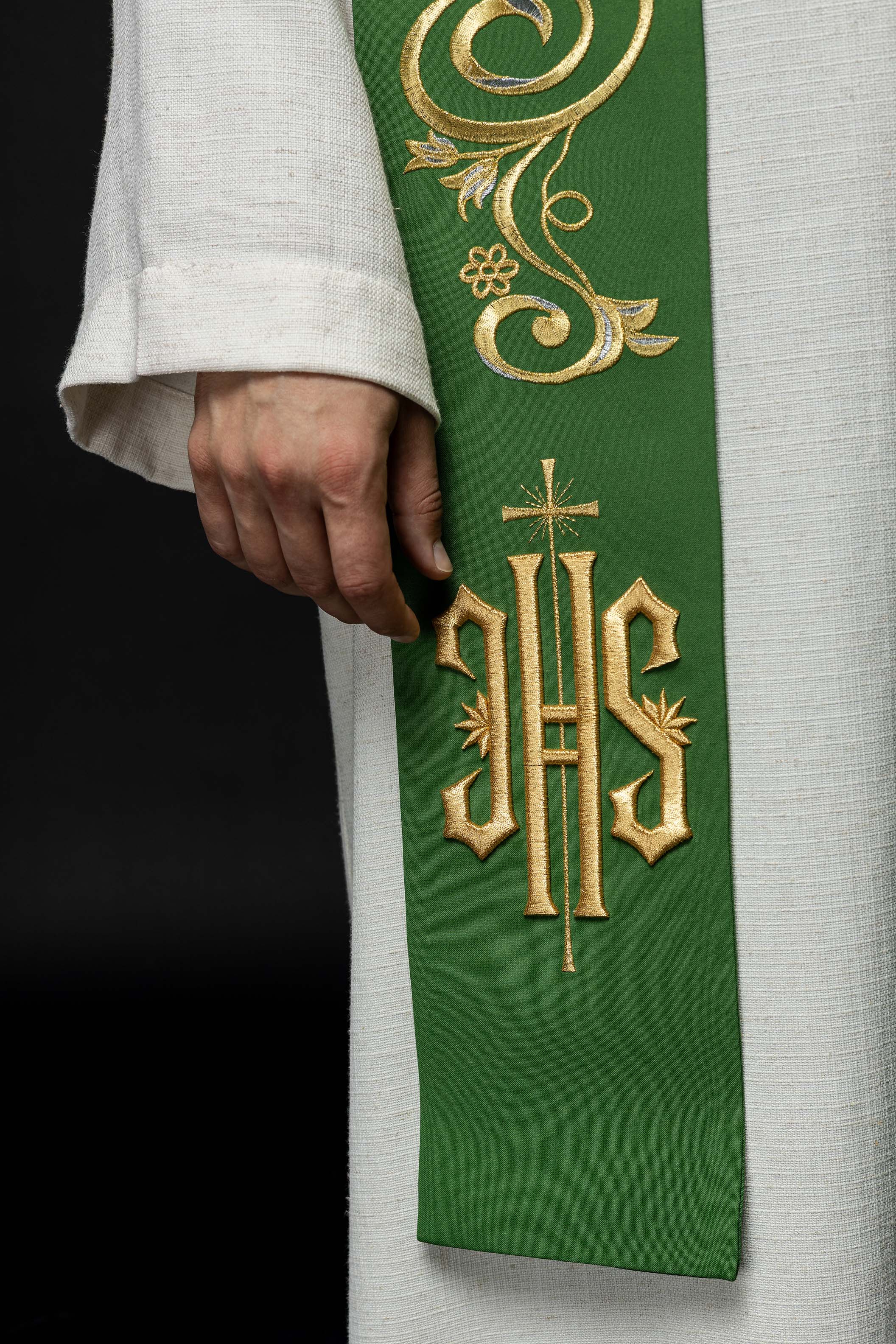 Green priestly stole embroidered with IHS