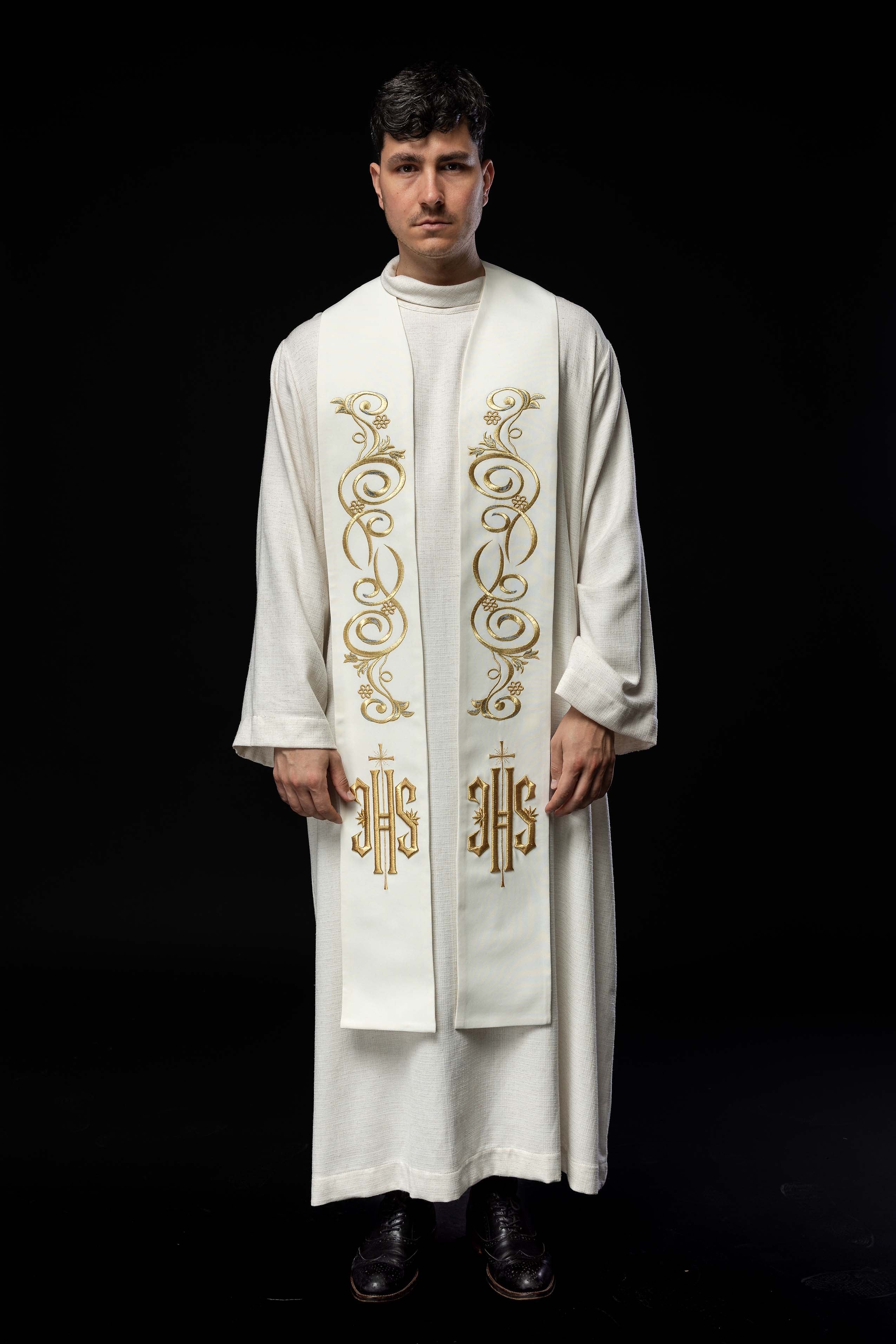 Ecru embroidered IHS stole