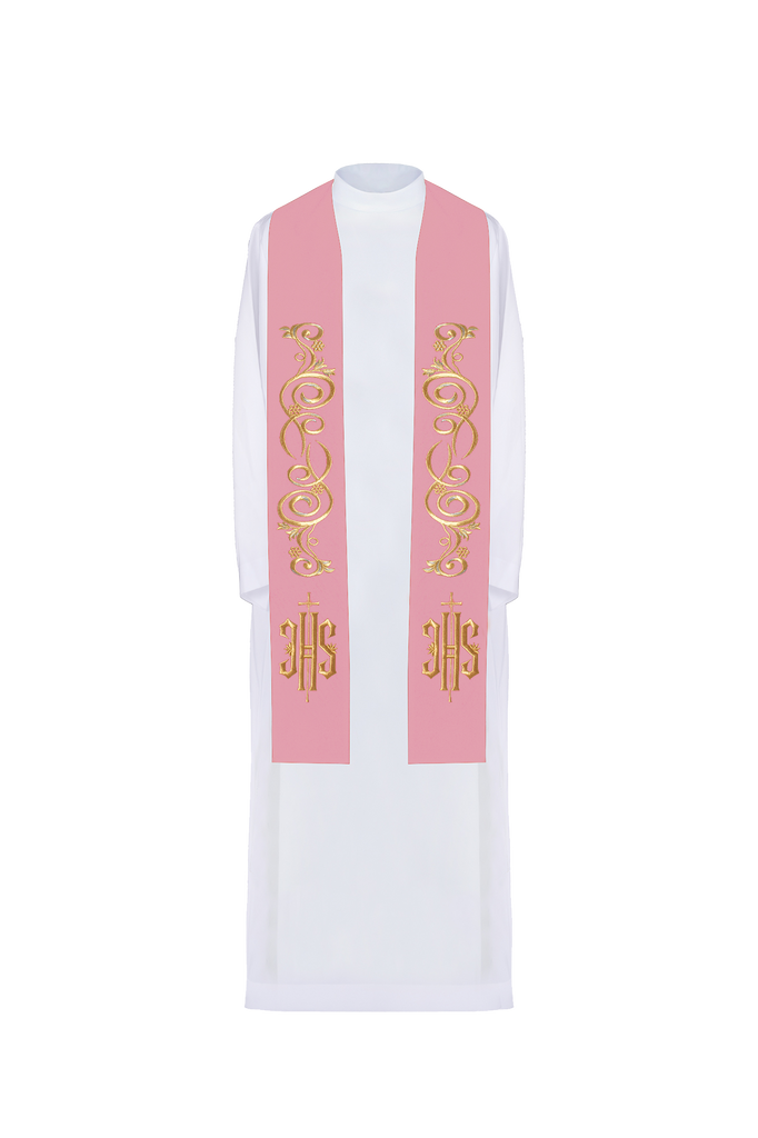 Rose-colored priestly stole embroidered with IHS