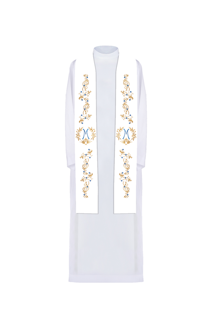 White embroidered Marian priestly stole