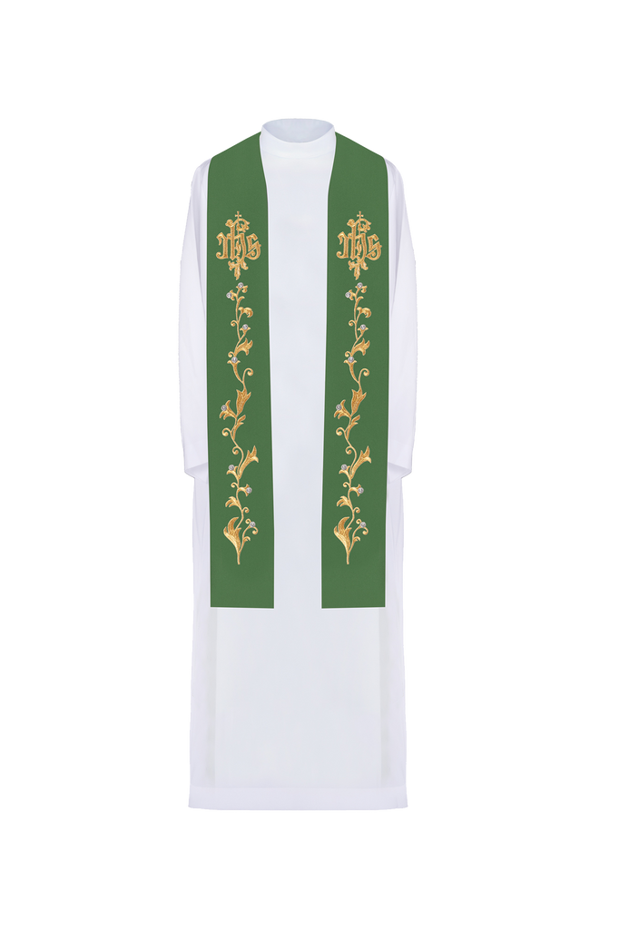 Green priestly stole embroidered IHS on a cross