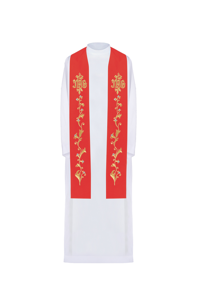 Red priestly stole embroidered with IHS on a cross