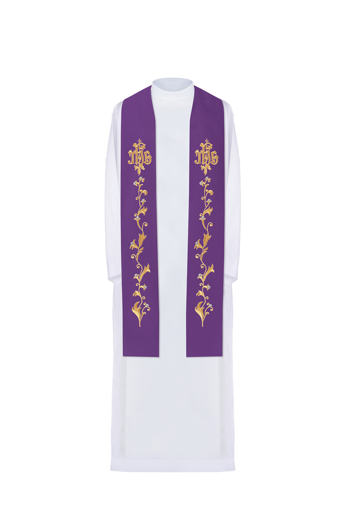 Purple embroidered stole with IHS on a cross