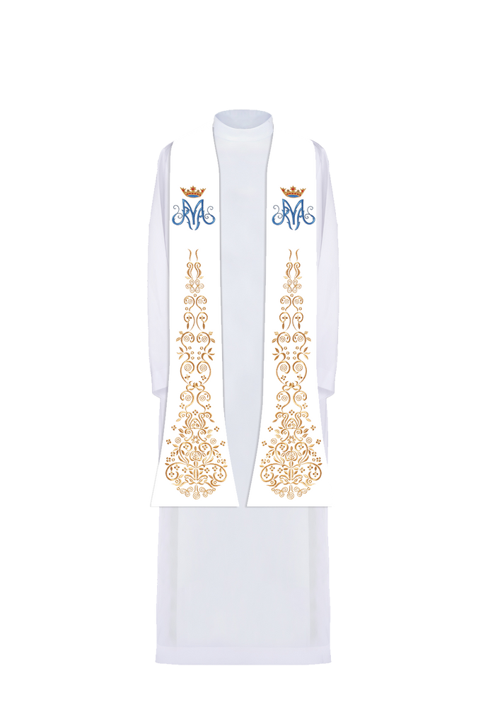 White embroidered priestly stole with Marian motif and crown