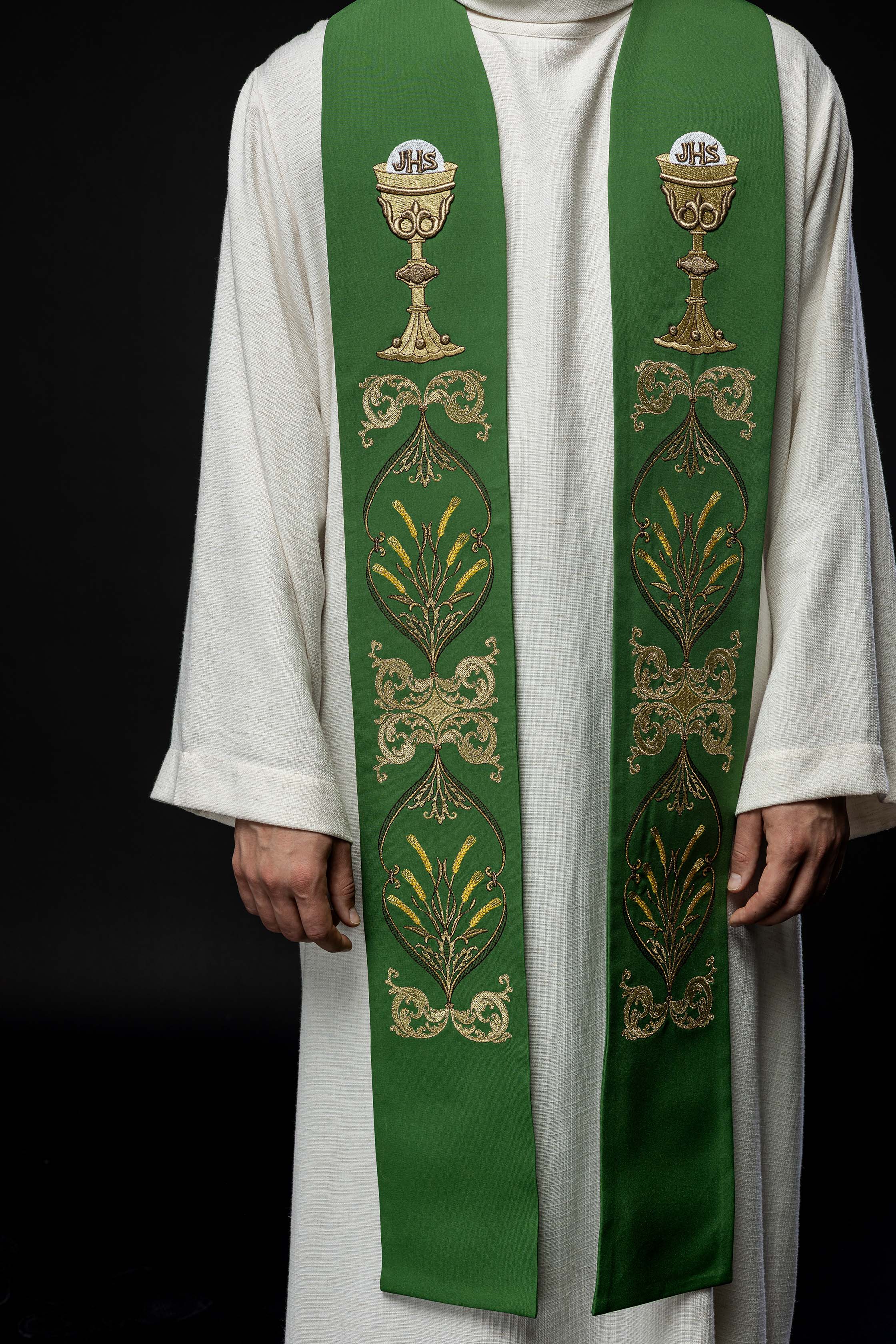 Green priestly stole with IHS chalice