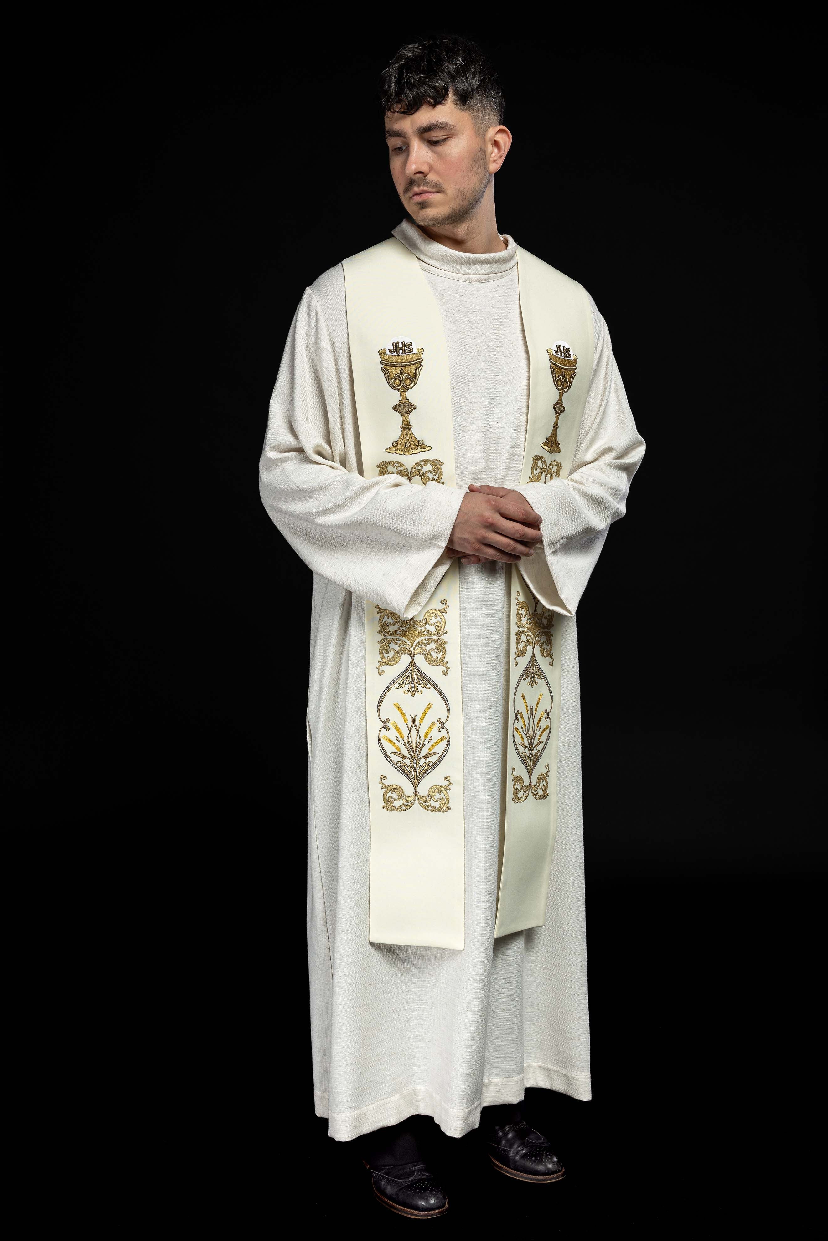 Ecru priestly stole with chalice IHS - HAFTINAUSA.COM