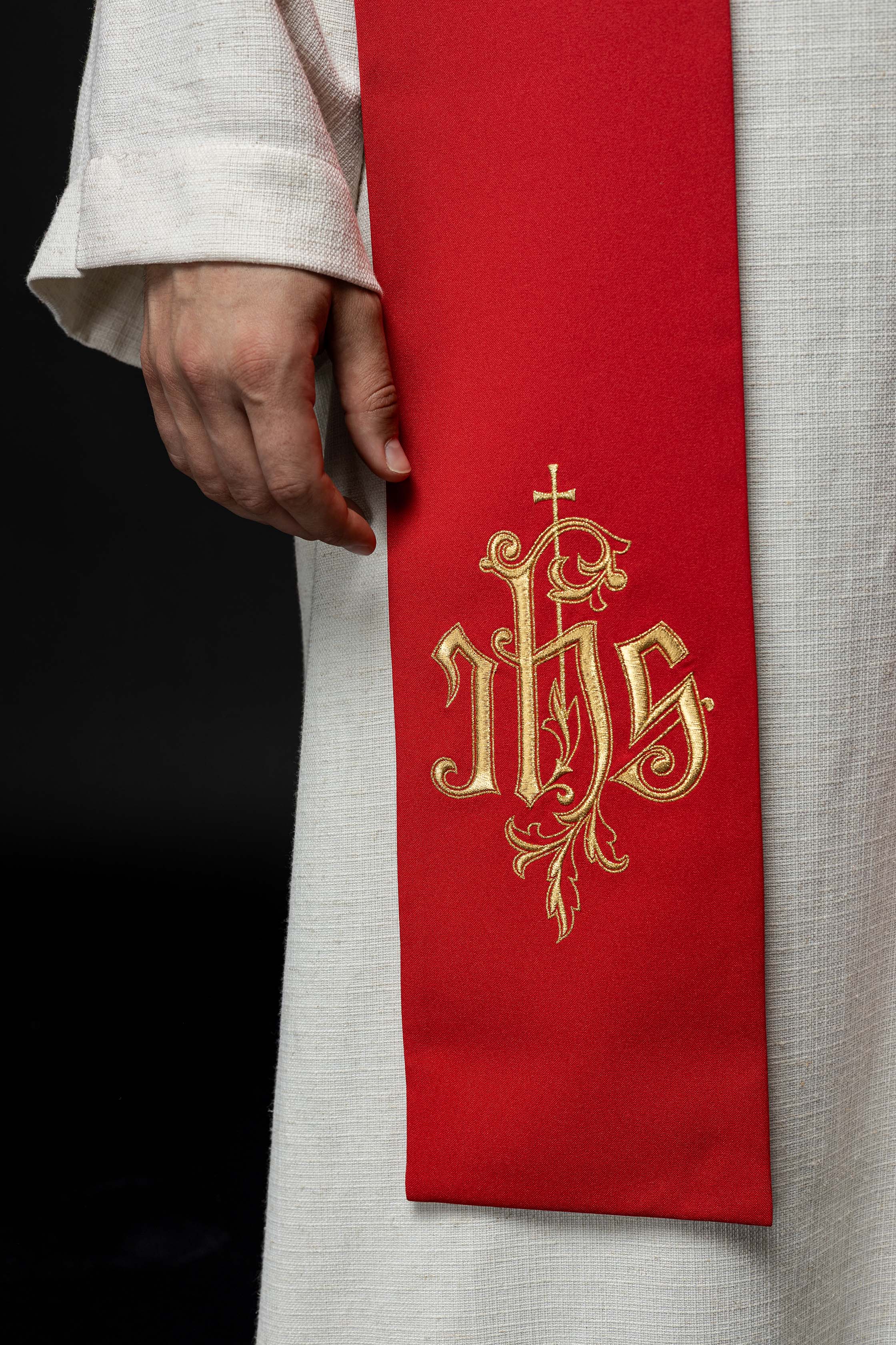 Red embroidered IHS stole