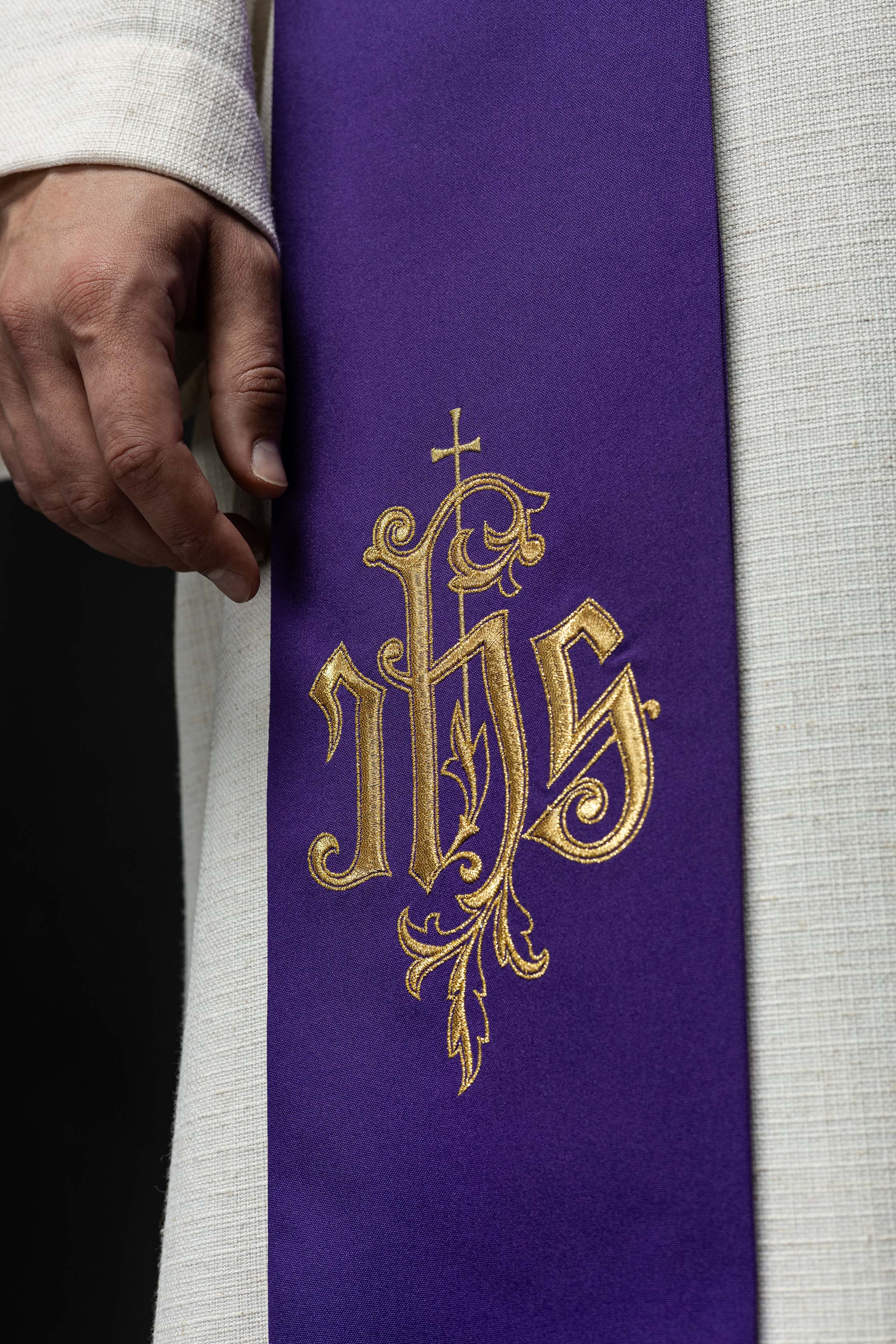Purple embroidered IHS stole
