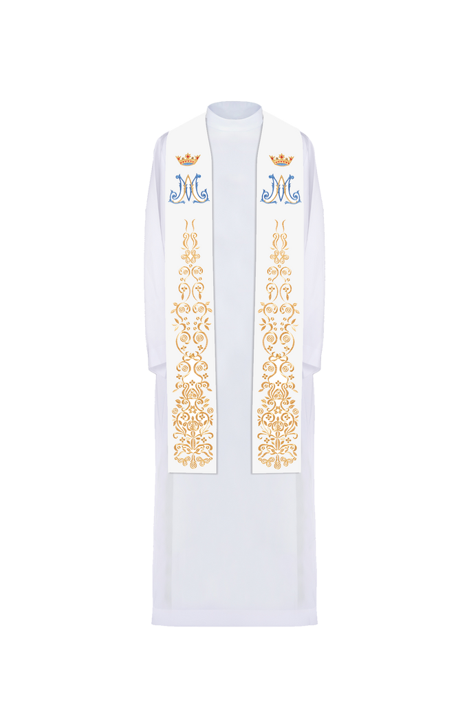 White embroidered Marian priestly stole