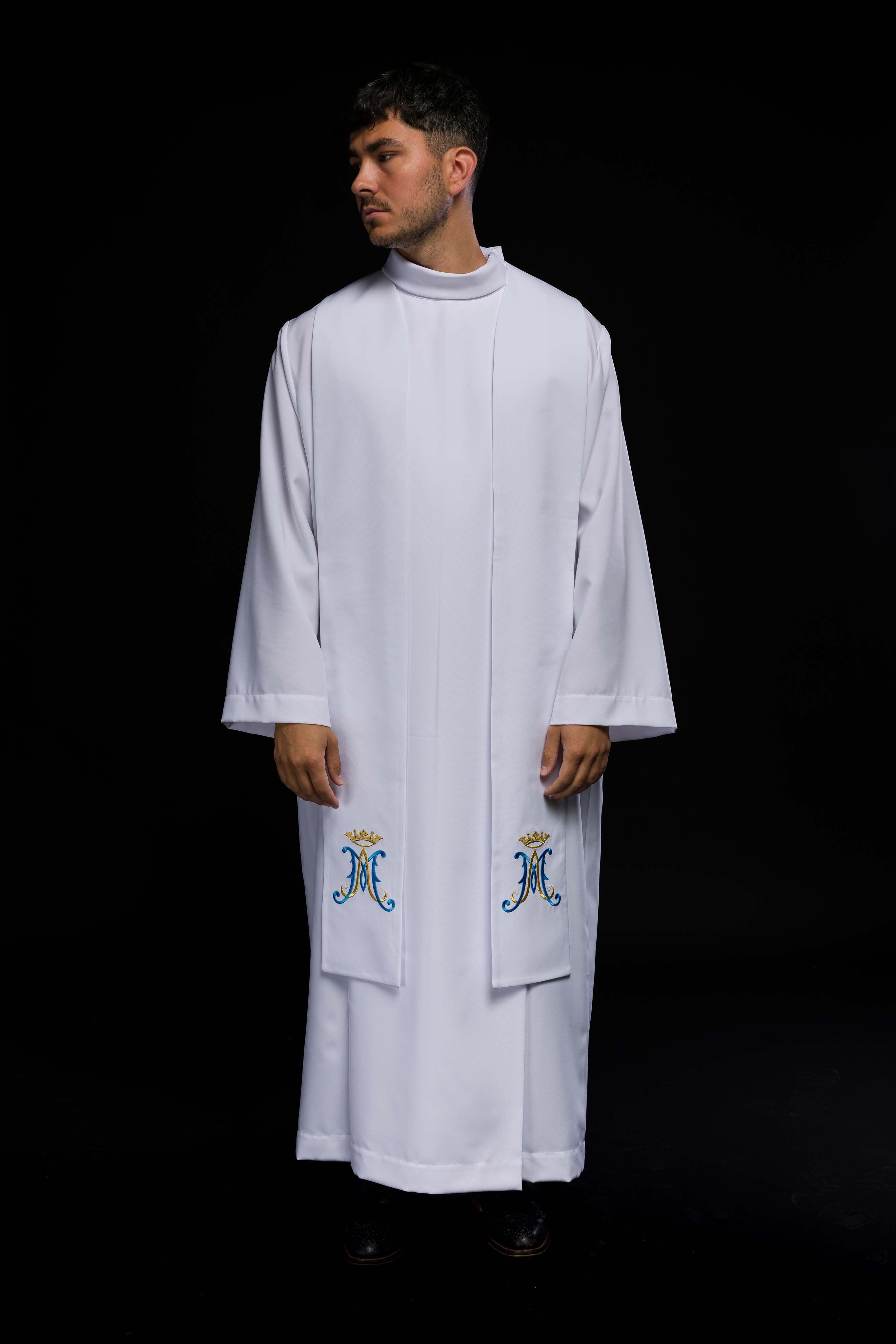 Embroidered Marian priestly stole in white