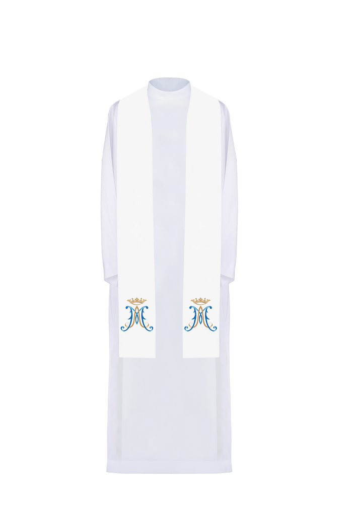 Embroidered Marian priestly stole in white