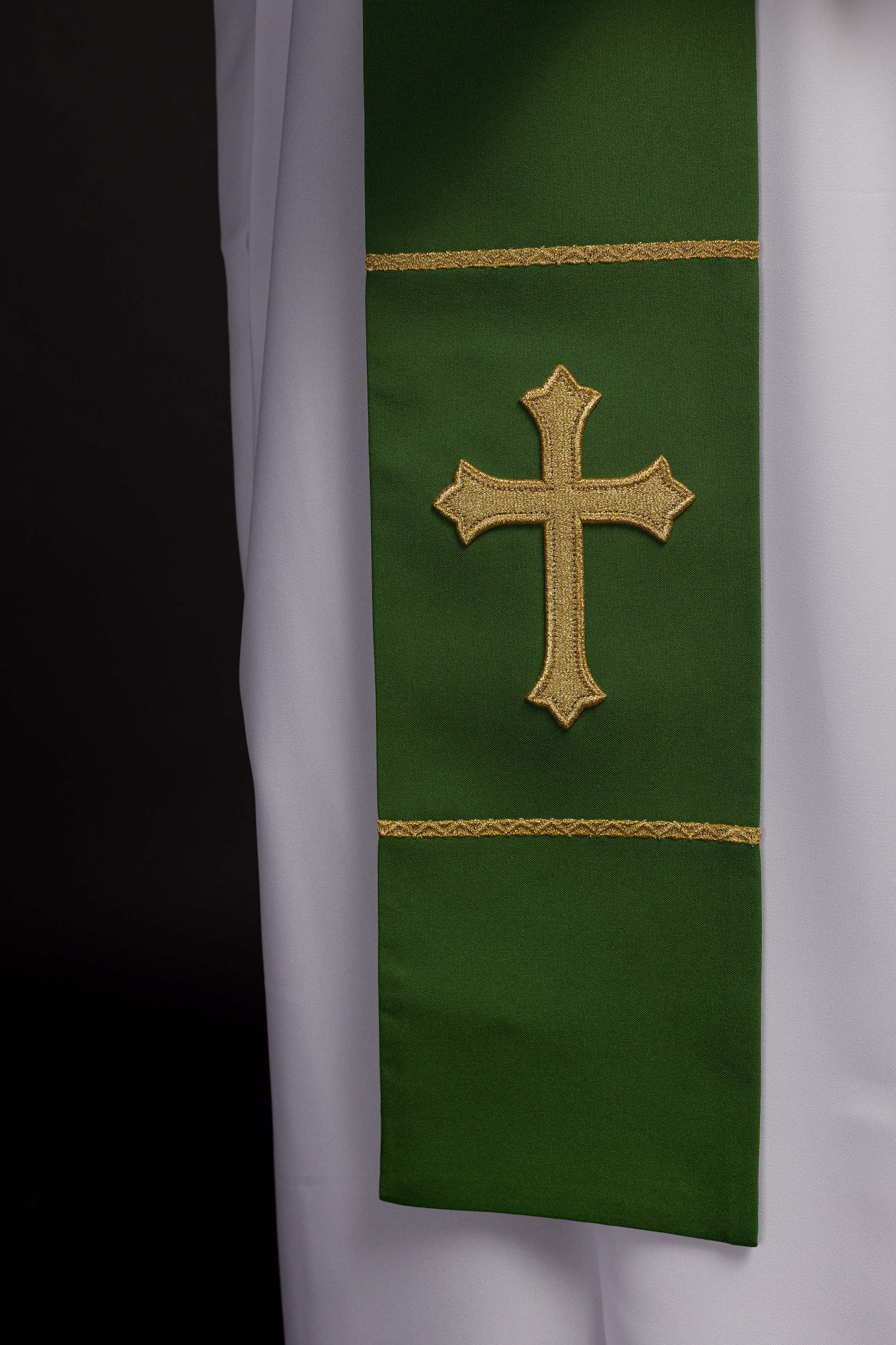 Green priestly stole embroidered cross