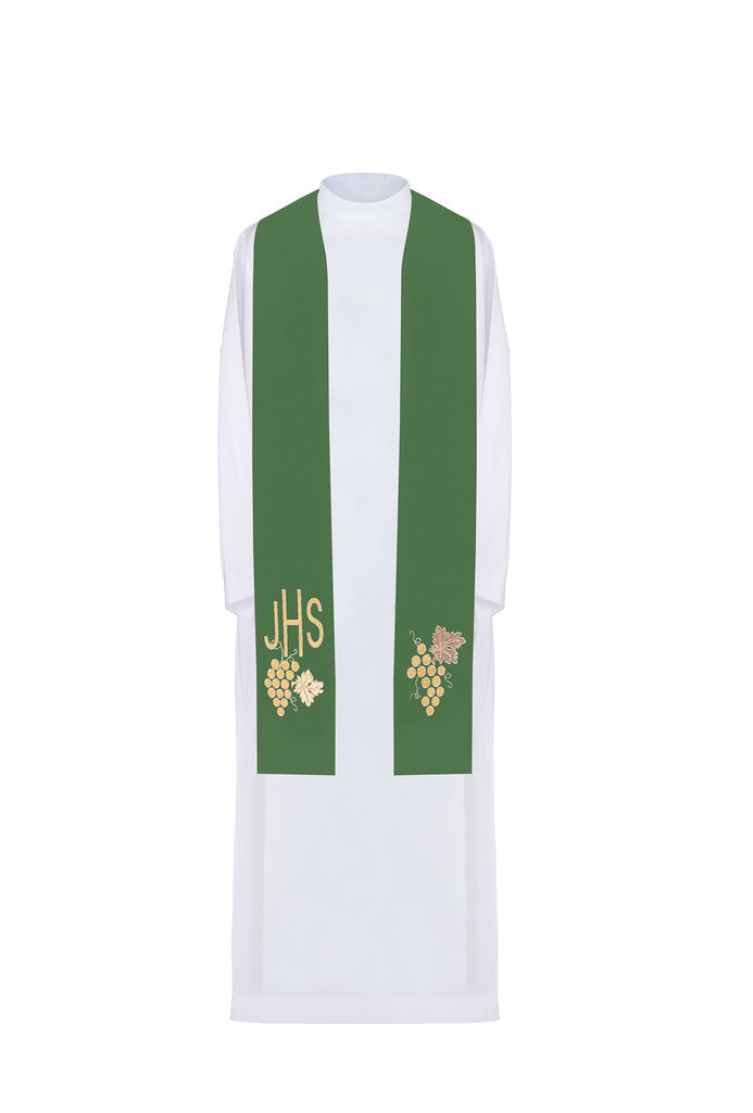Green priestly stole embroidered IHS with grapes
