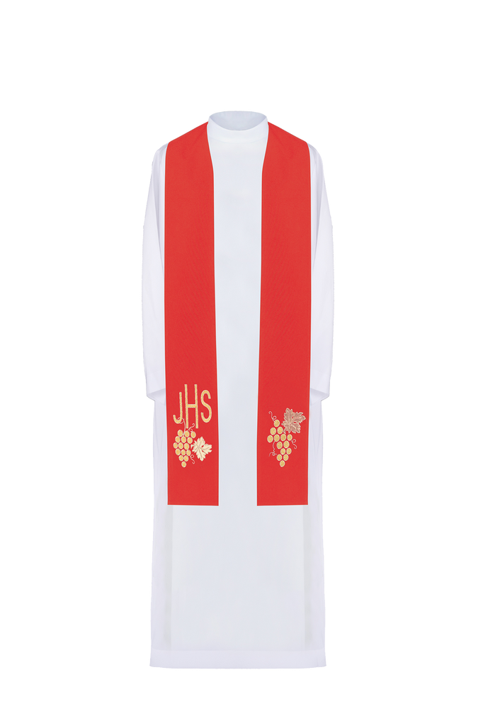 Red priestly stole embroidered with IHS and grapes