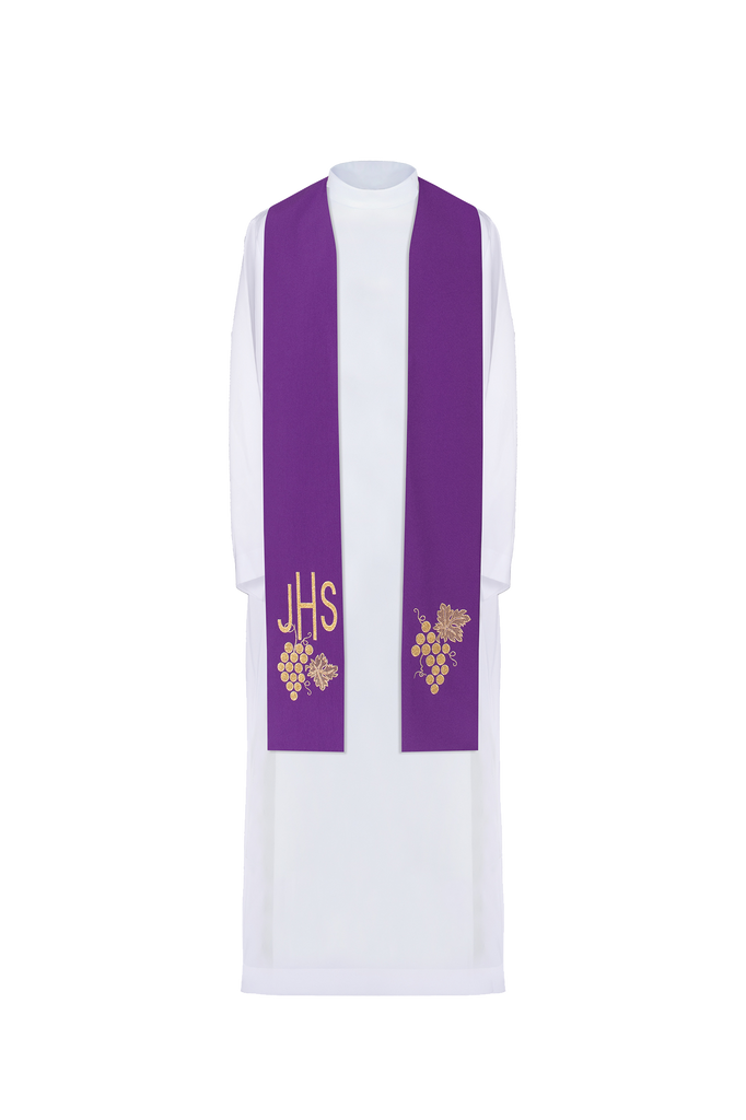 Purple priestly stole embroidered with IHS and grapes