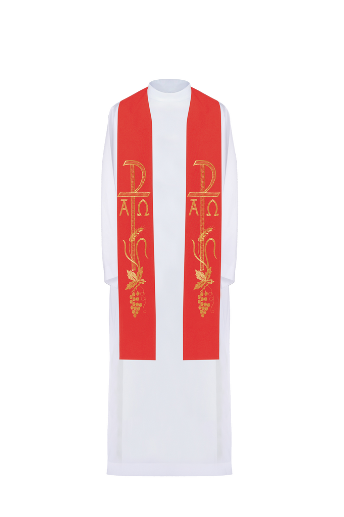 Red priestly stole embroidered with Alpha and Omega