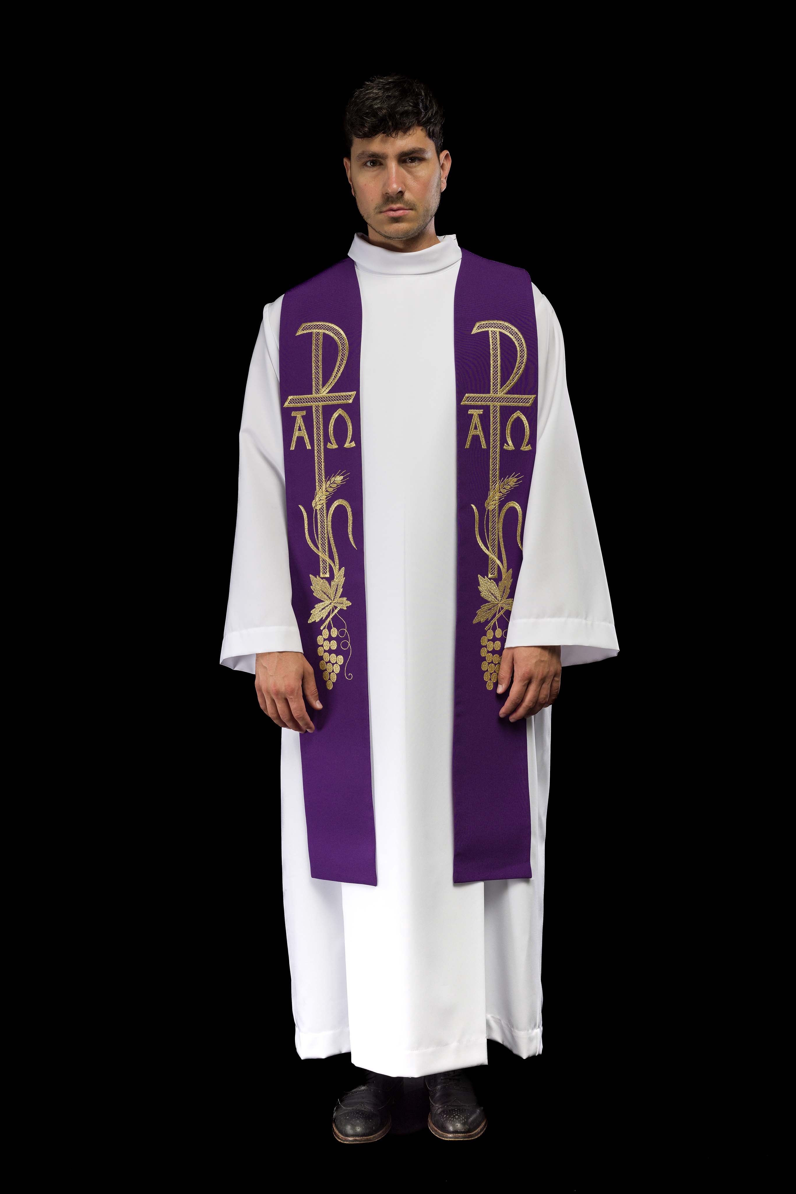 Purple priestly stole embroidered with Alpha and Omega