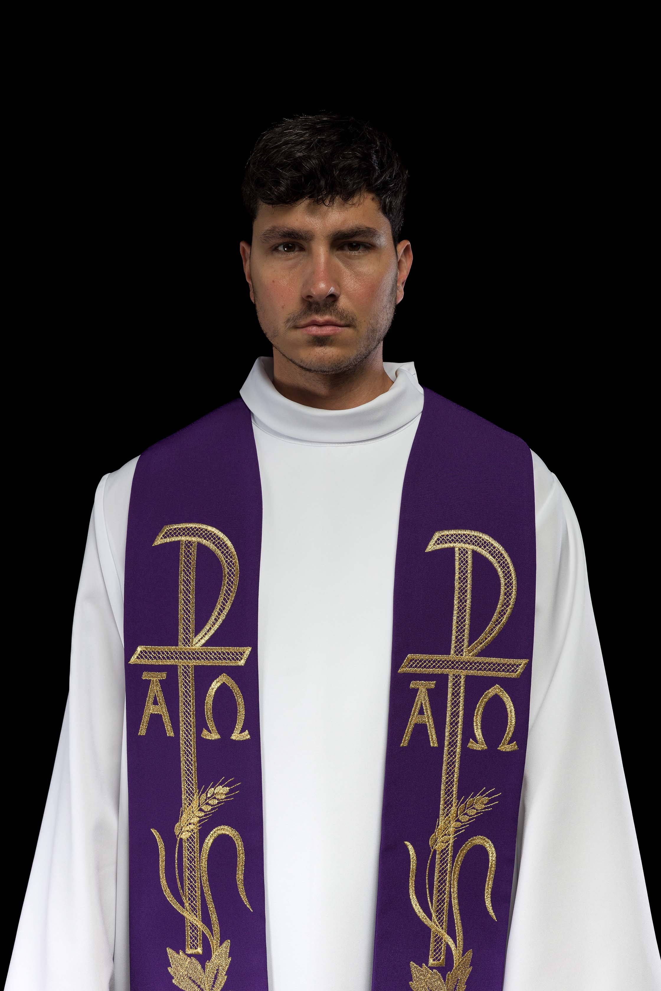 Purple priestly stole embroidered with Alpha and Omega