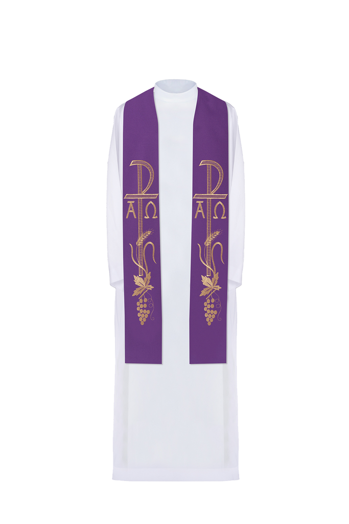 Purple priestly stole embroidered with Alpha and Omega