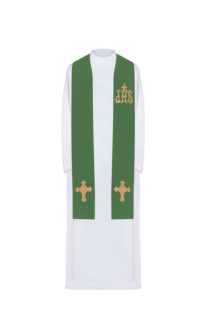 Green priestly stole embroidered cross and IHS