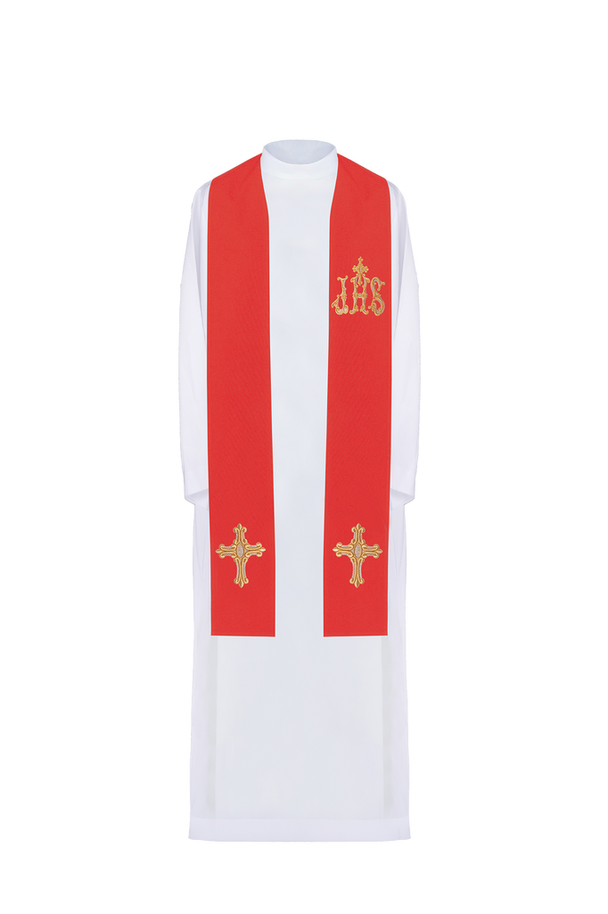 Red priestly stole embroidered with a Cross and IHS