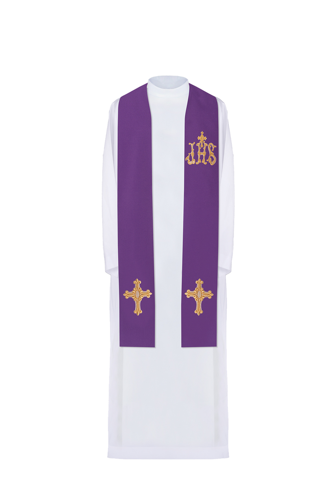Purple priestly stole embroidered with a cross and IHS