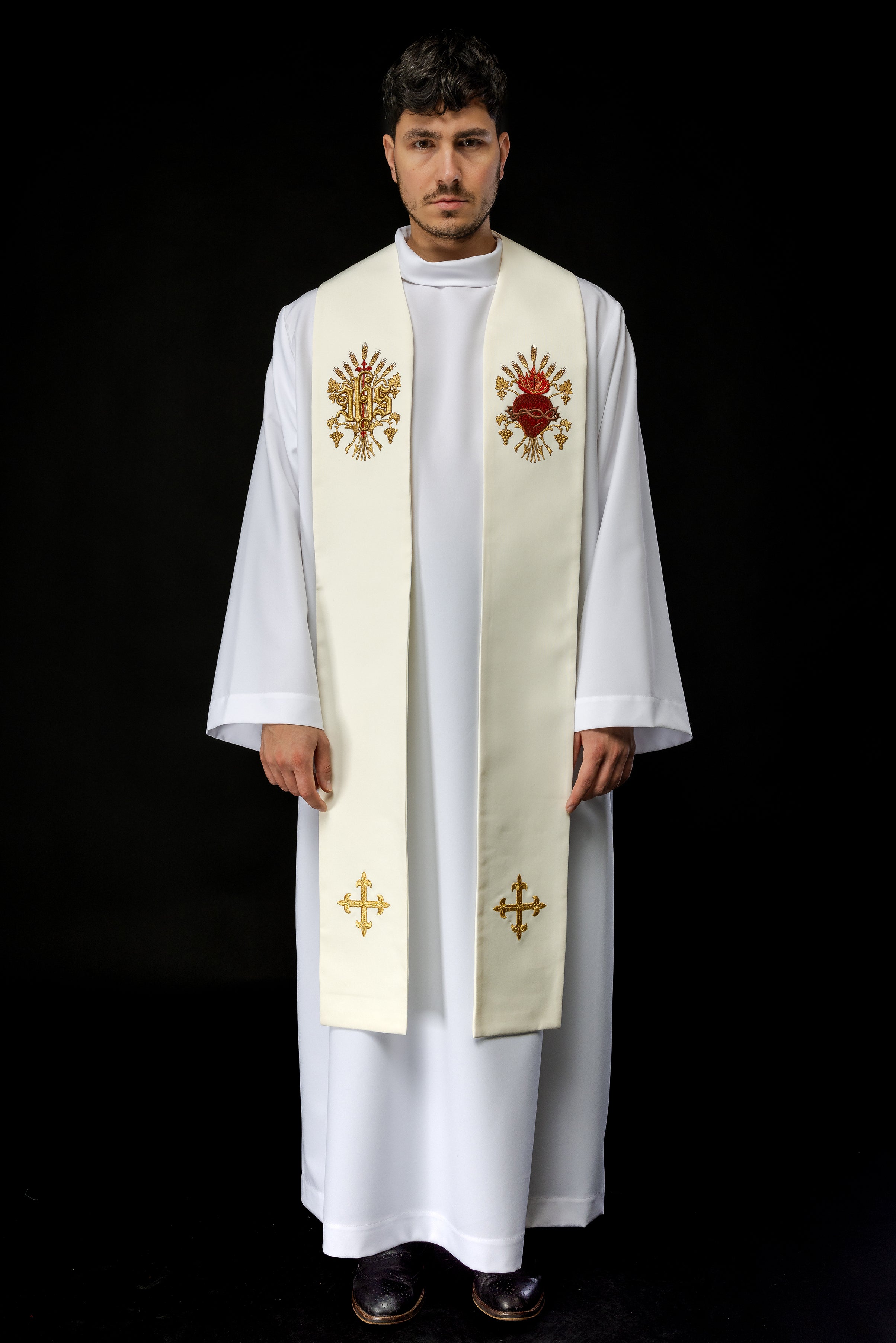 Ecru embroidered stole with a cross, IHS, and the heart of Jesus Christ