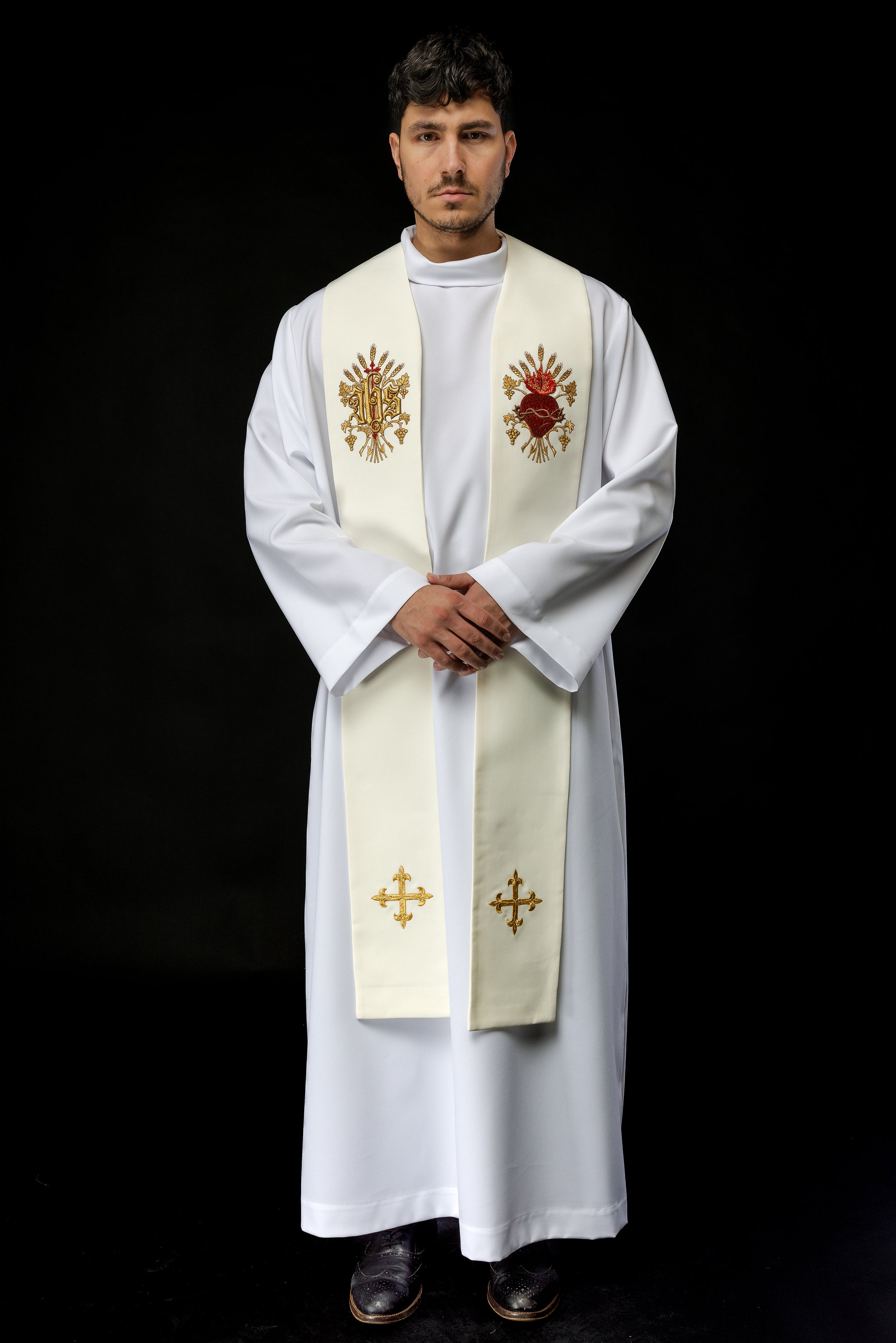 Ecru embroidered stole with a cross, IHS, and the heart of Jesus Christ