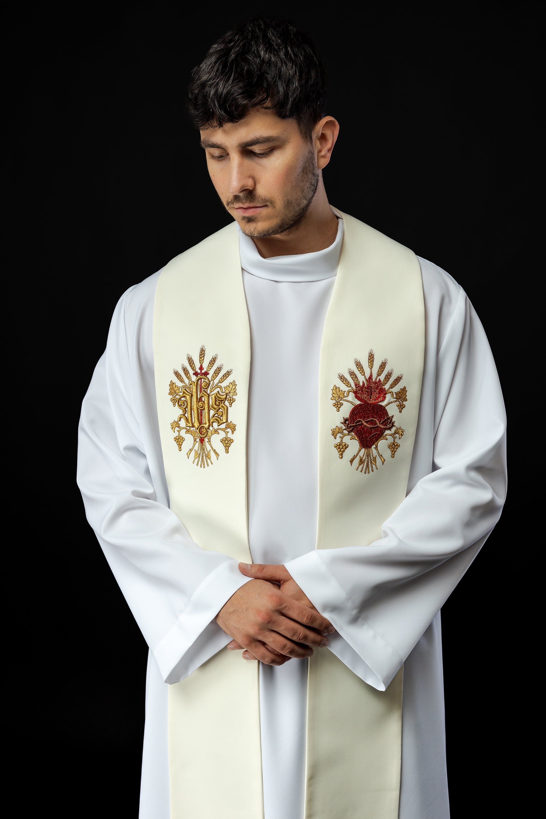 Ecru embroidered stole with a cross, IHS, and the heart of Jesus Christ