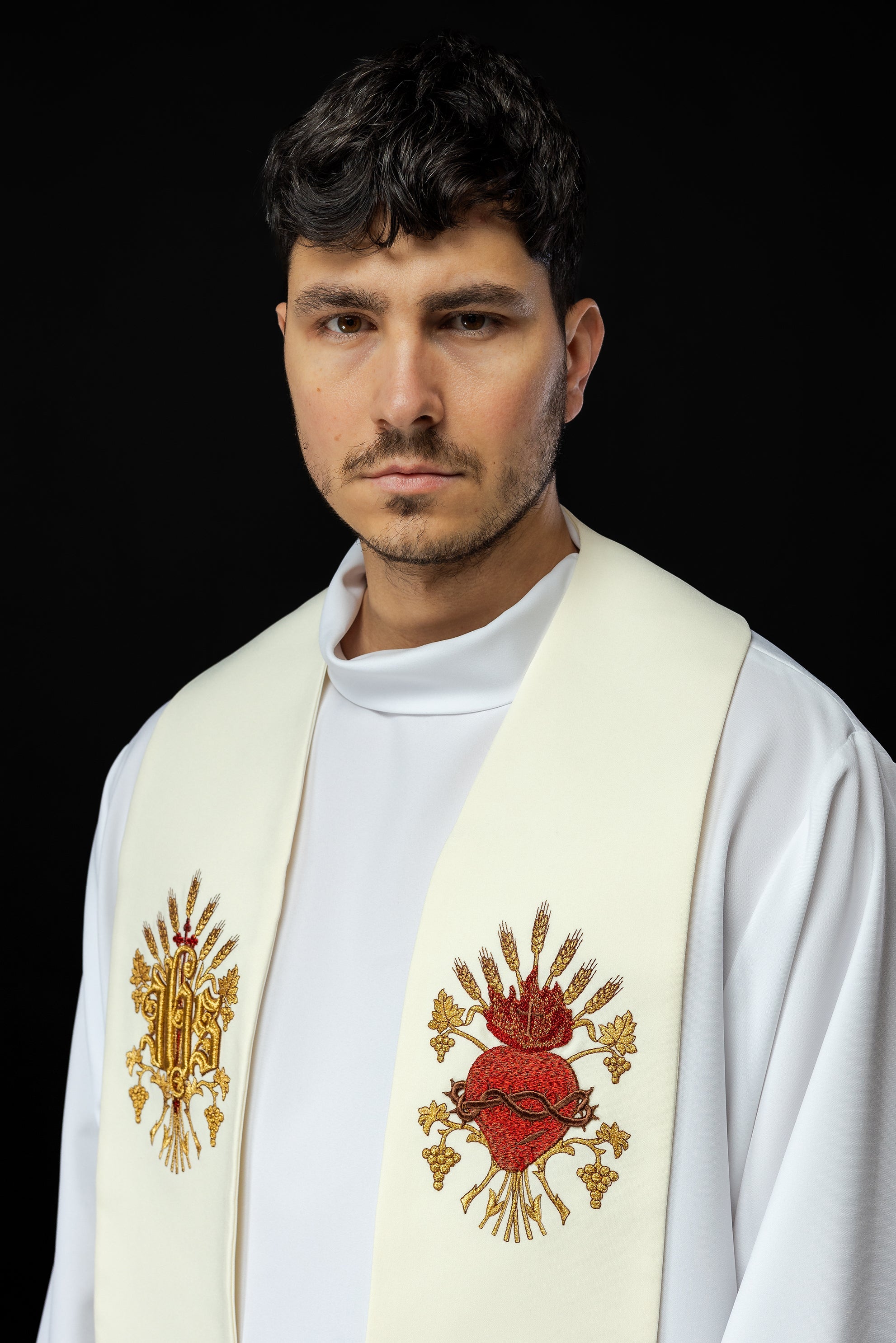 Ecru embroidered stole with a cross, IHS, and the heart of Jesus Christ