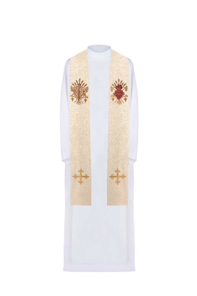 Golden priestly stole with a cross, IHS, and the heart of Jesus Christ