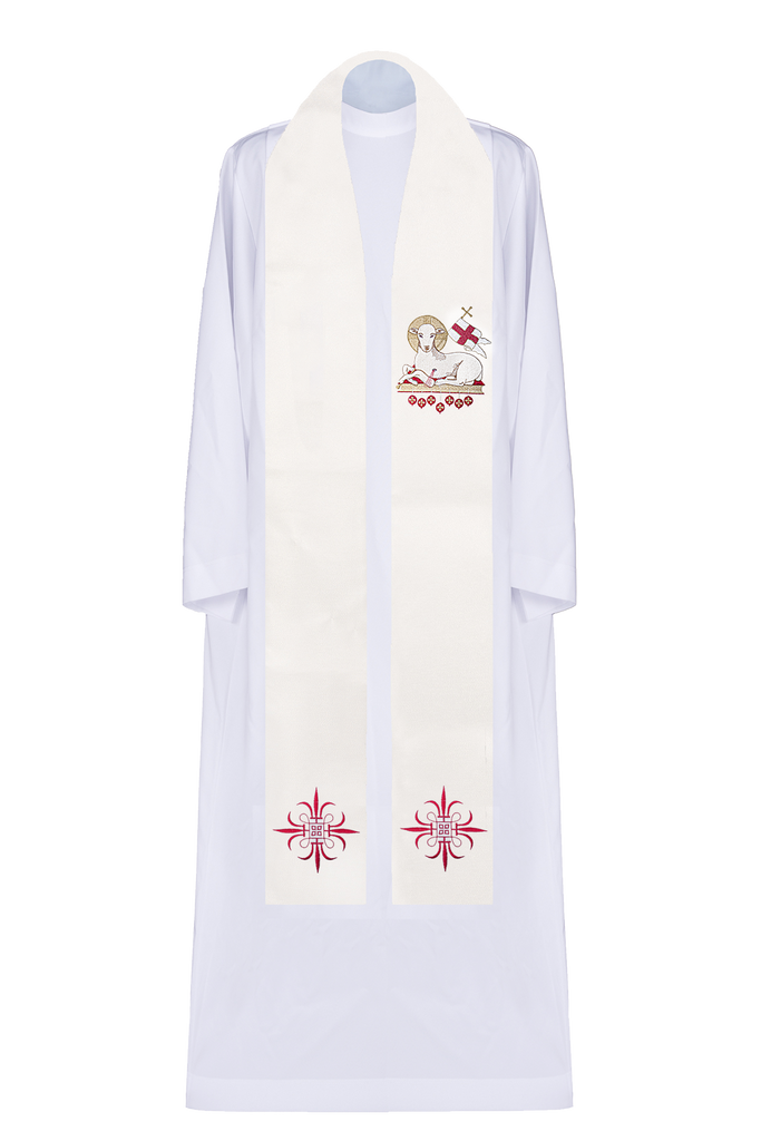 Priestly stole with a lamb motif in ecru