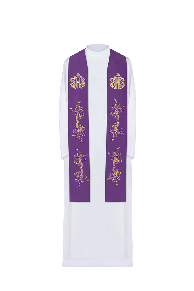 Purple priestly stole embroidered with IHS