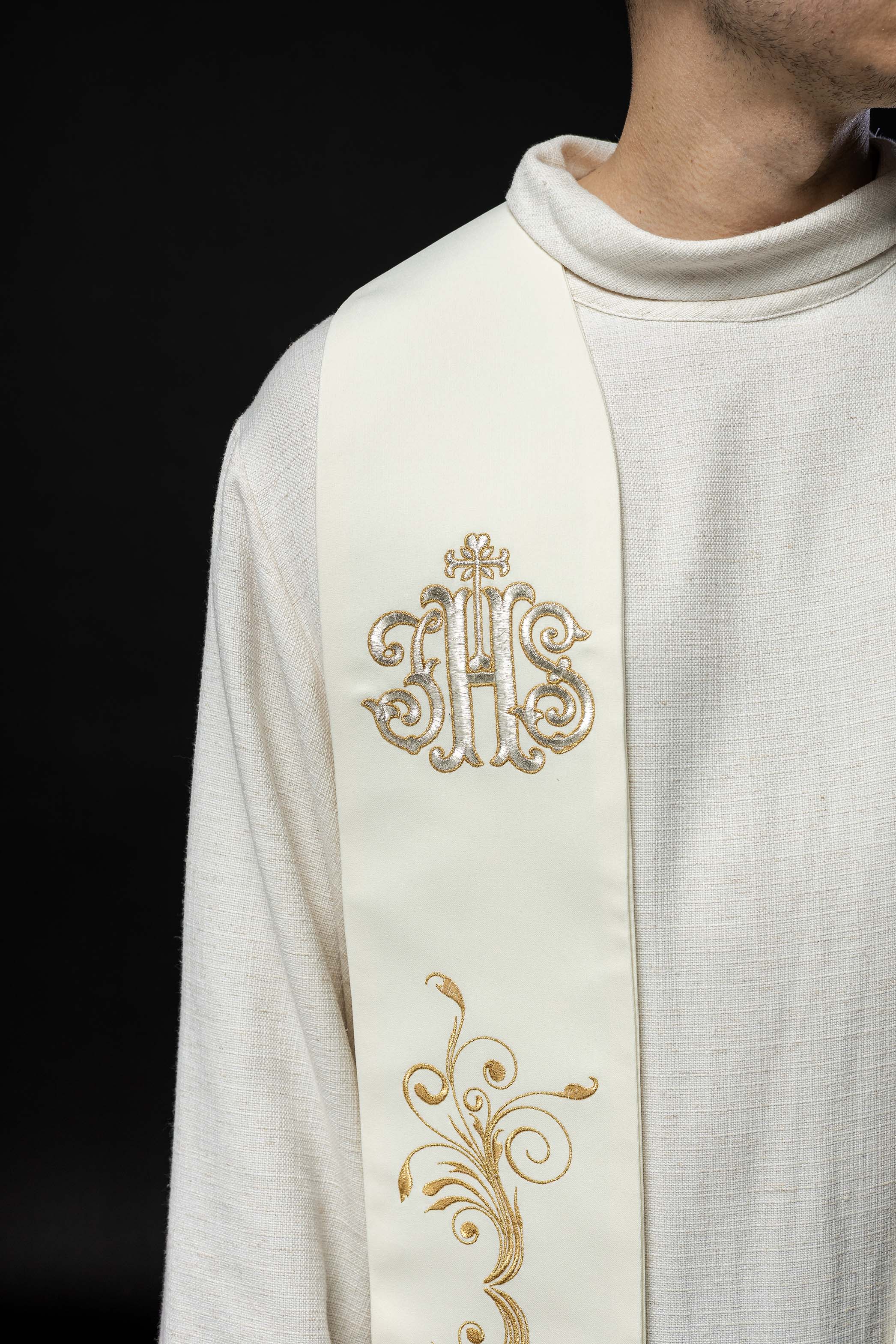 Ecru embroidered stole with IHS
