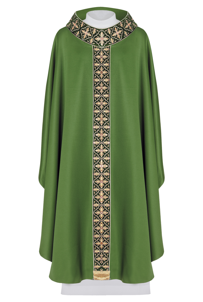Green chasuble adorned with stones and a narrow band