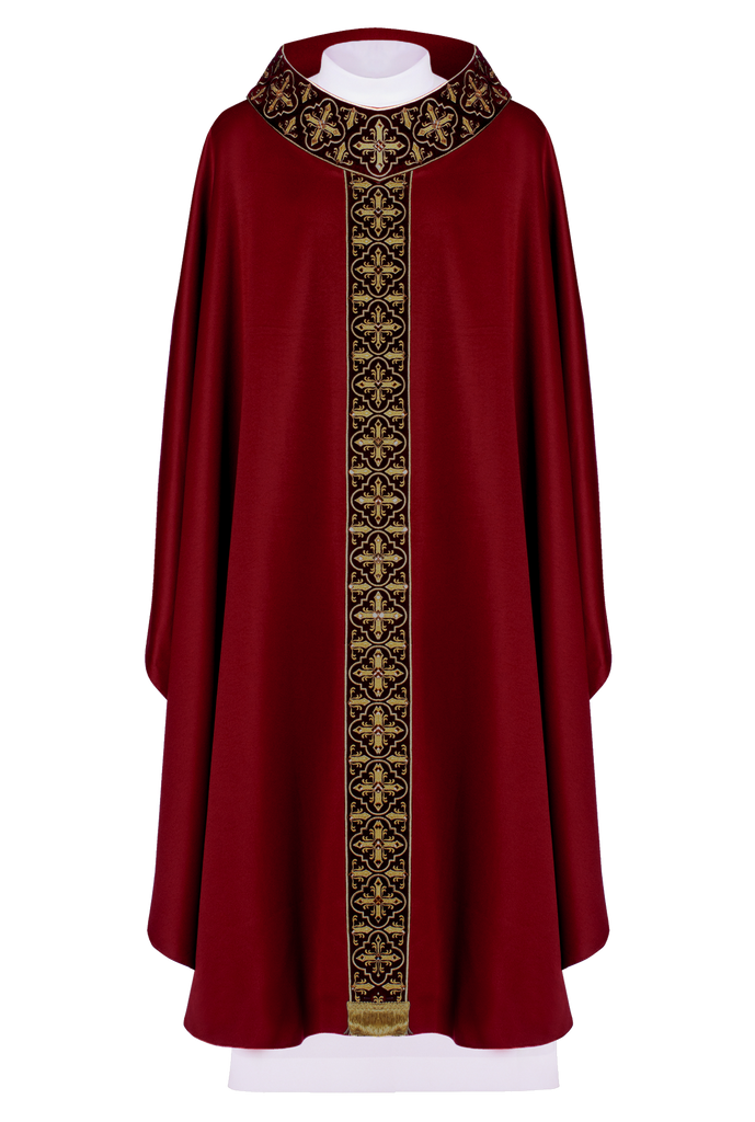 Red chasuble adorned with stones and a narrow band