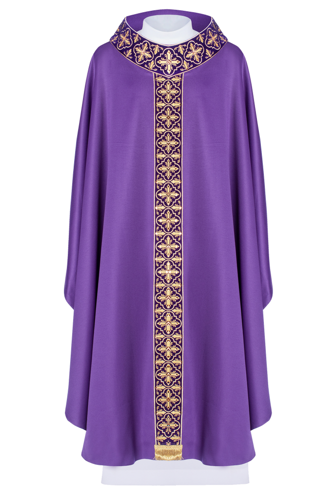 Purple chasuble adorned with stones and a narrow band