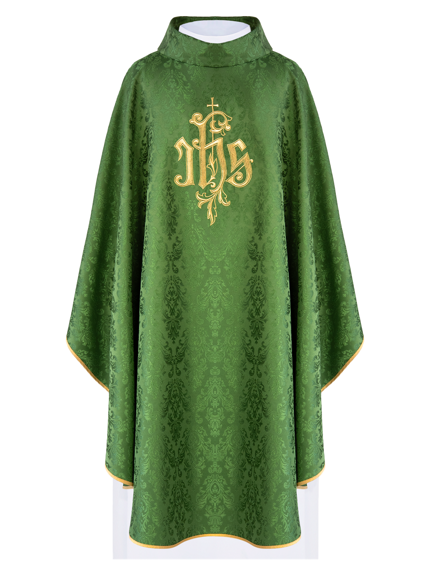 Chasuble made of green floral ornamental texture with classic IHS