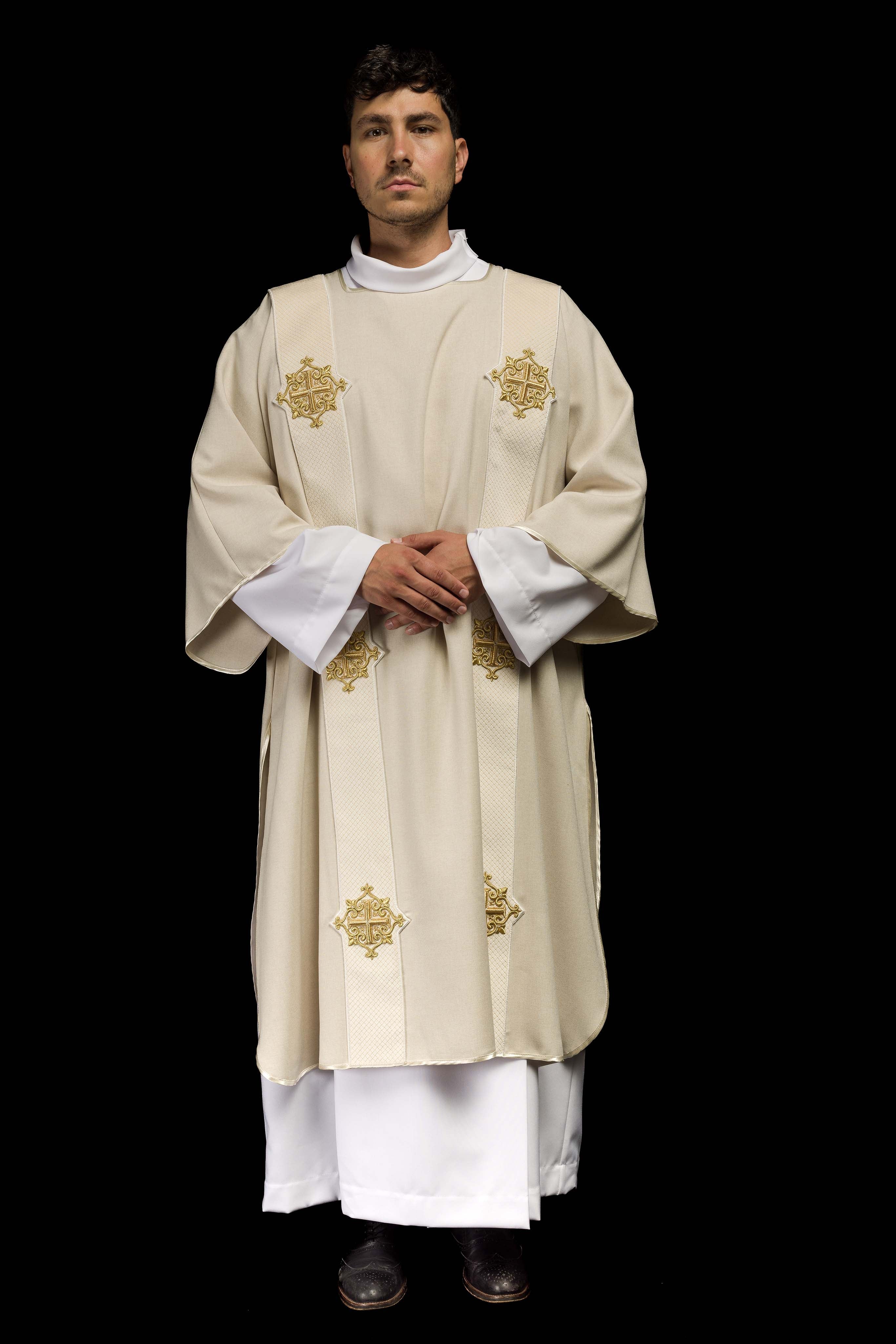 Ecru dalmatic with velvet bands and cross symbols