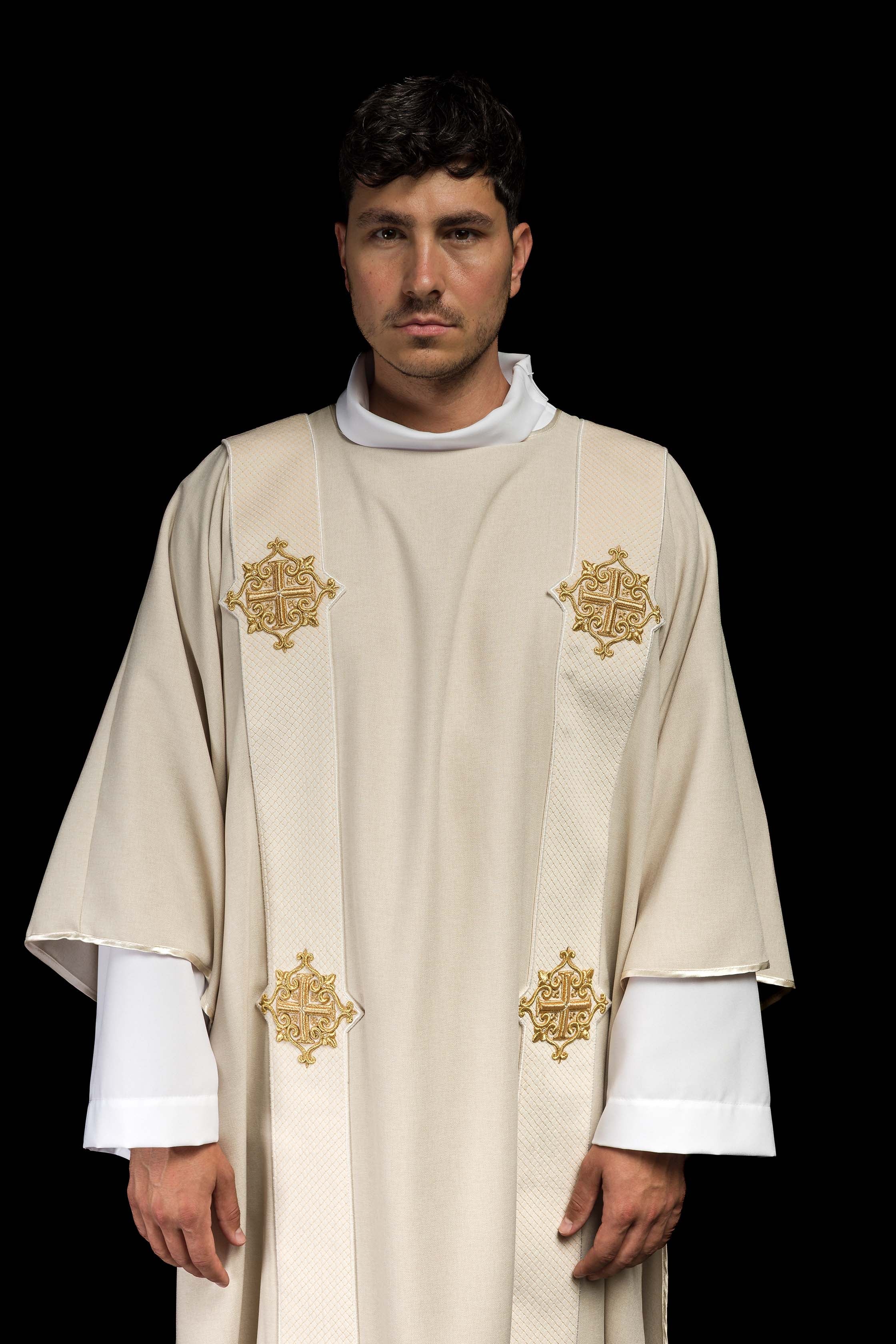 Ecru dalmatic with velvet bands and cross symbols