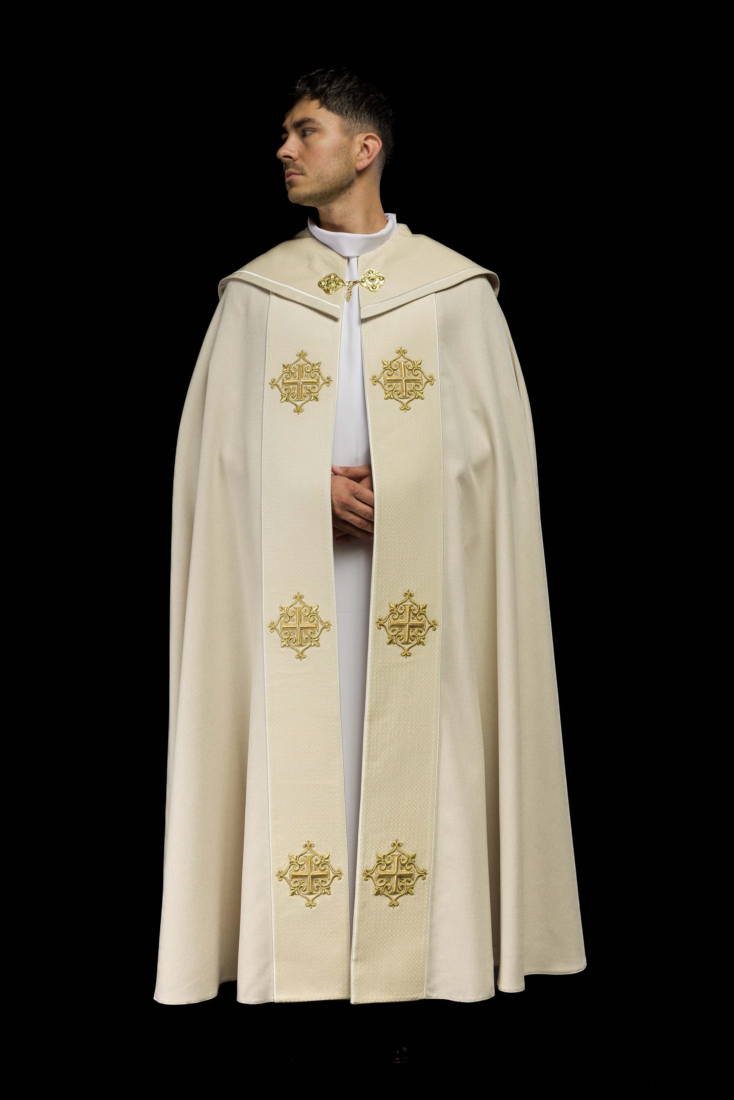 Liturgical Cope with Ecru Velvet Orphrey and Cross Embroidery