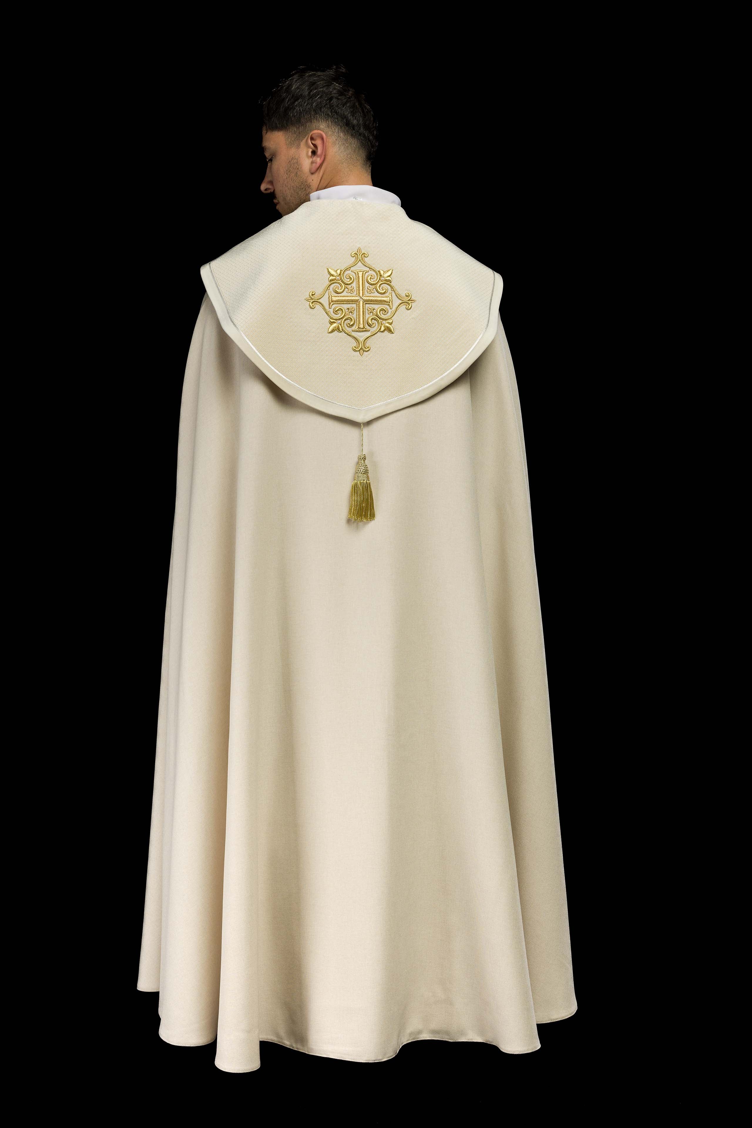 Liturgical Cope with Ecru Velvet Orphrey and Cross Embroidery