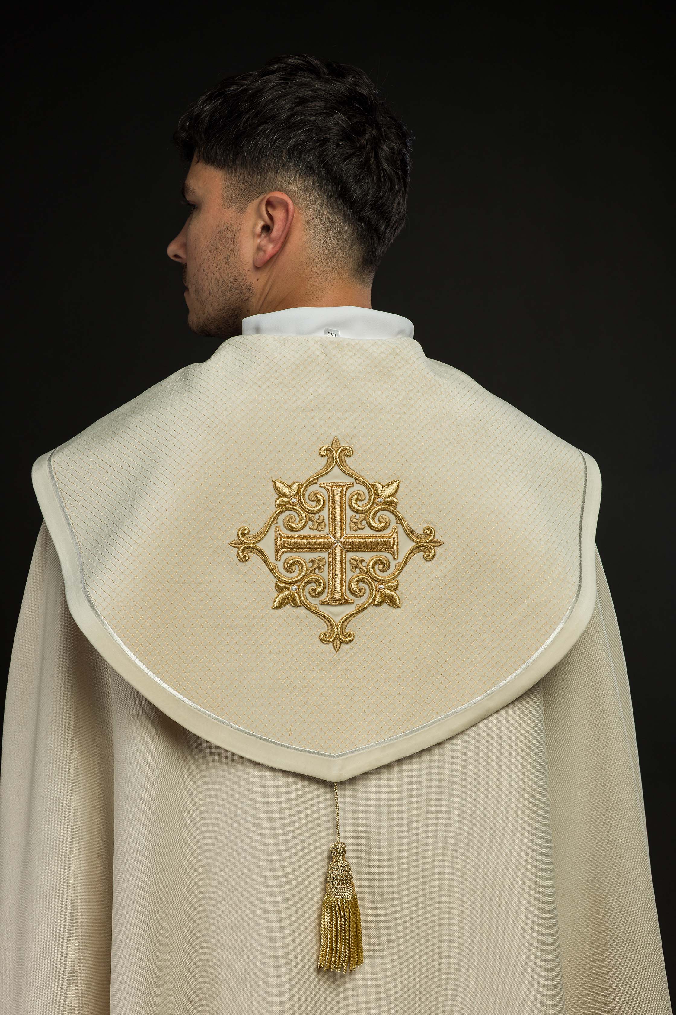 Liturgical Cope with Ecru Velvet Orphrey and Cross Embroidery