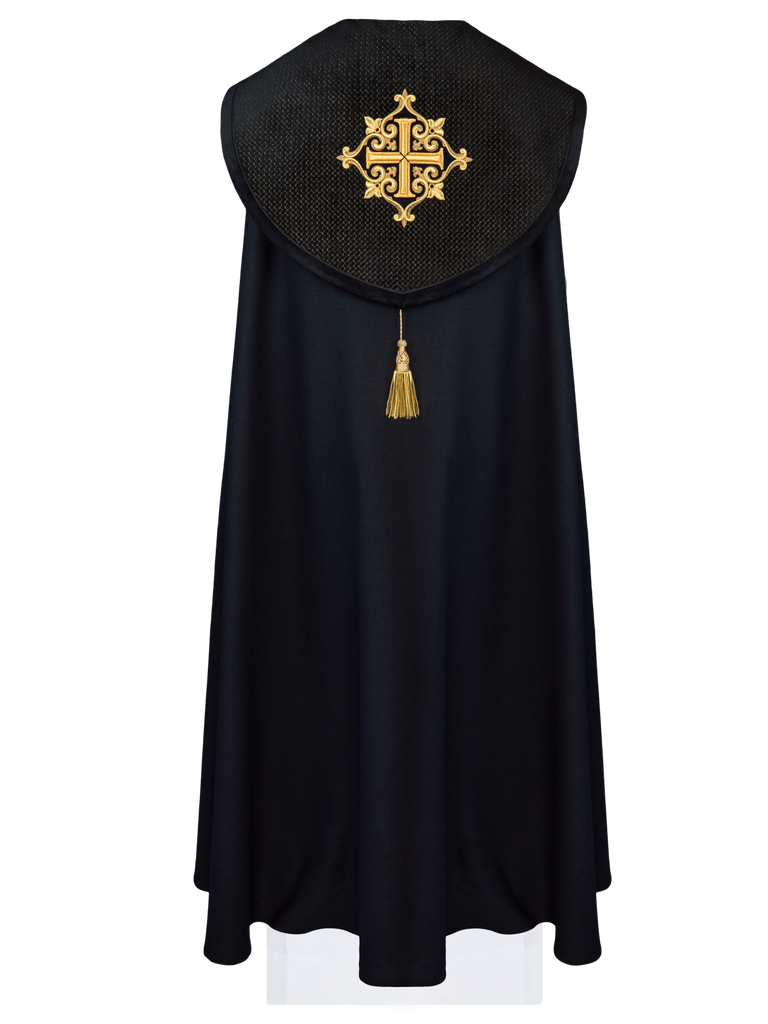 Black cope with a velvet sash and cross embroidery