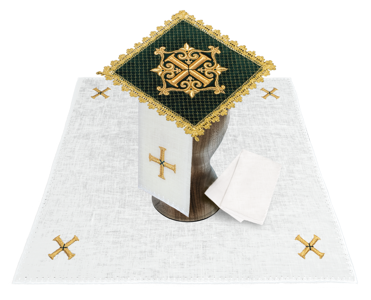 Altar linen set made from green velvet fabric with gold cross