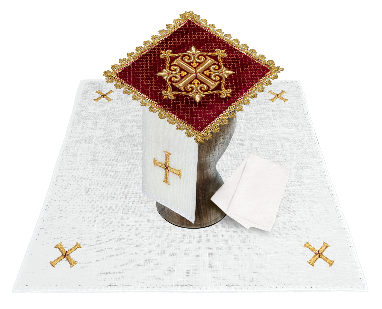 Altar linen set made of red velvet with gold cross embroidery