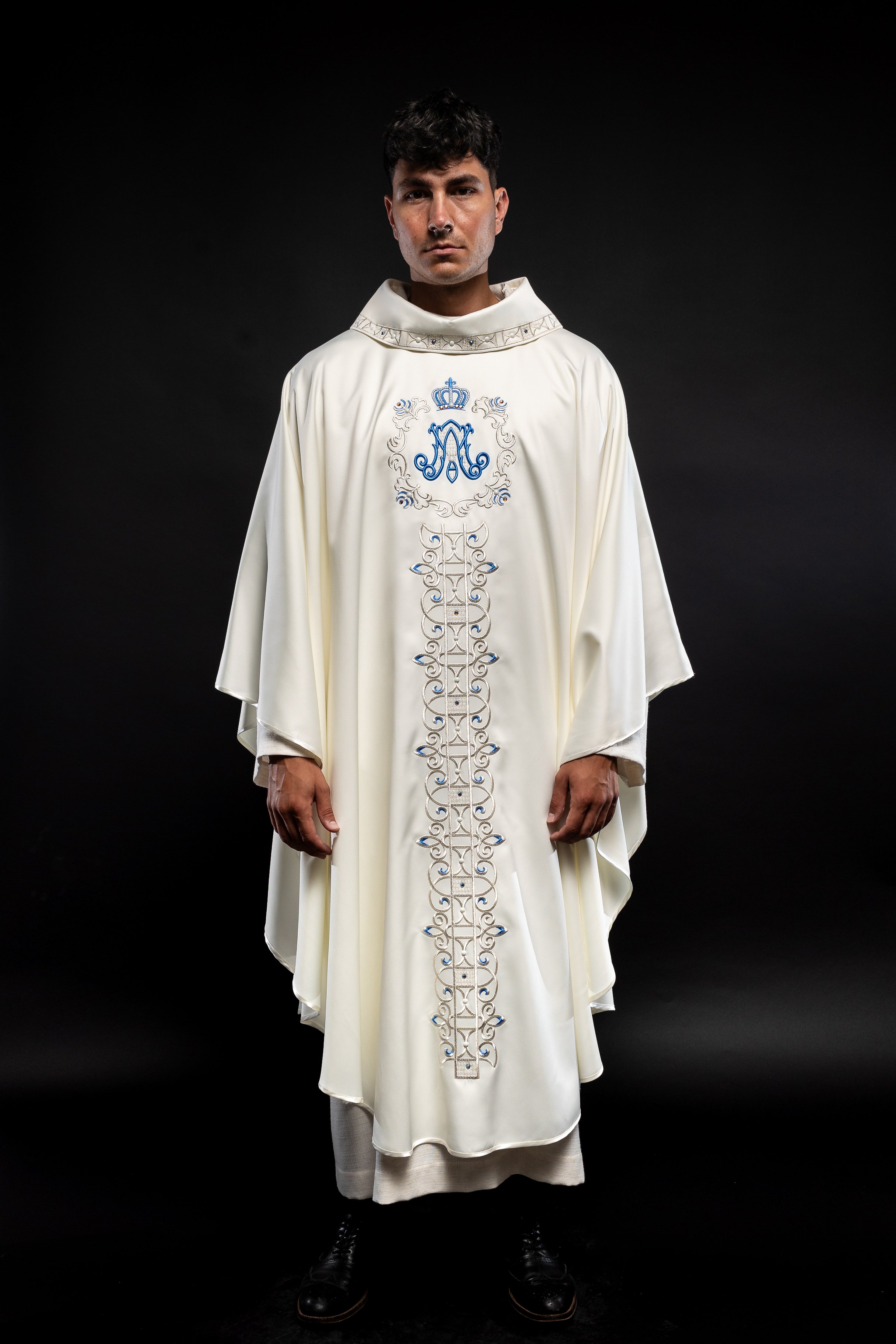 Ivory colored Marian chasuble finished with blue stones