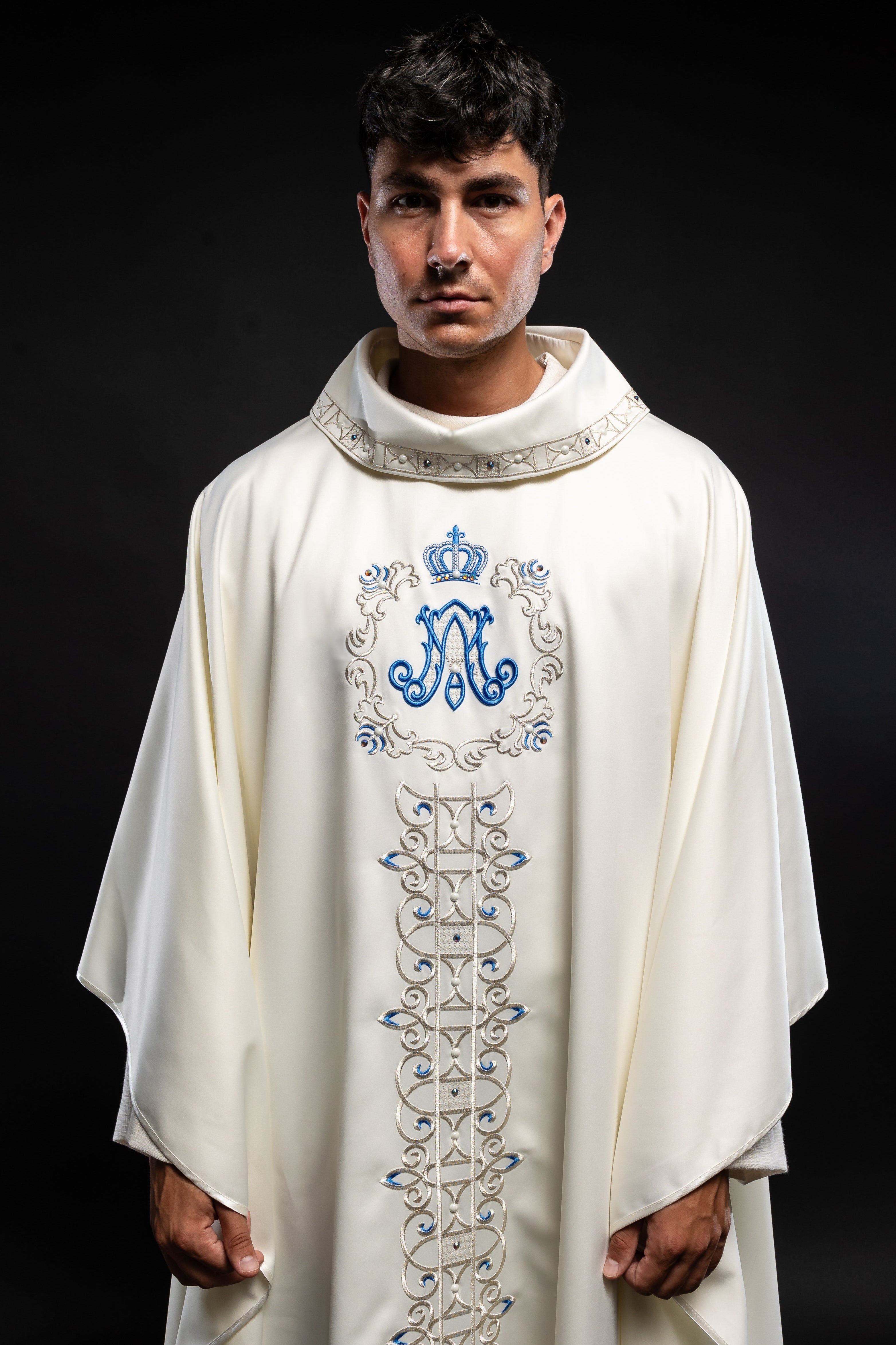 Ivory colored Marian chasuble finished with blue stones